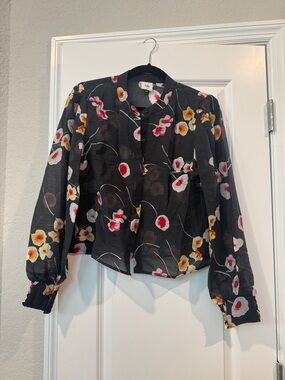 CAbi Sheer Black Floral Button-Front Blouse with Pink and Red Accents